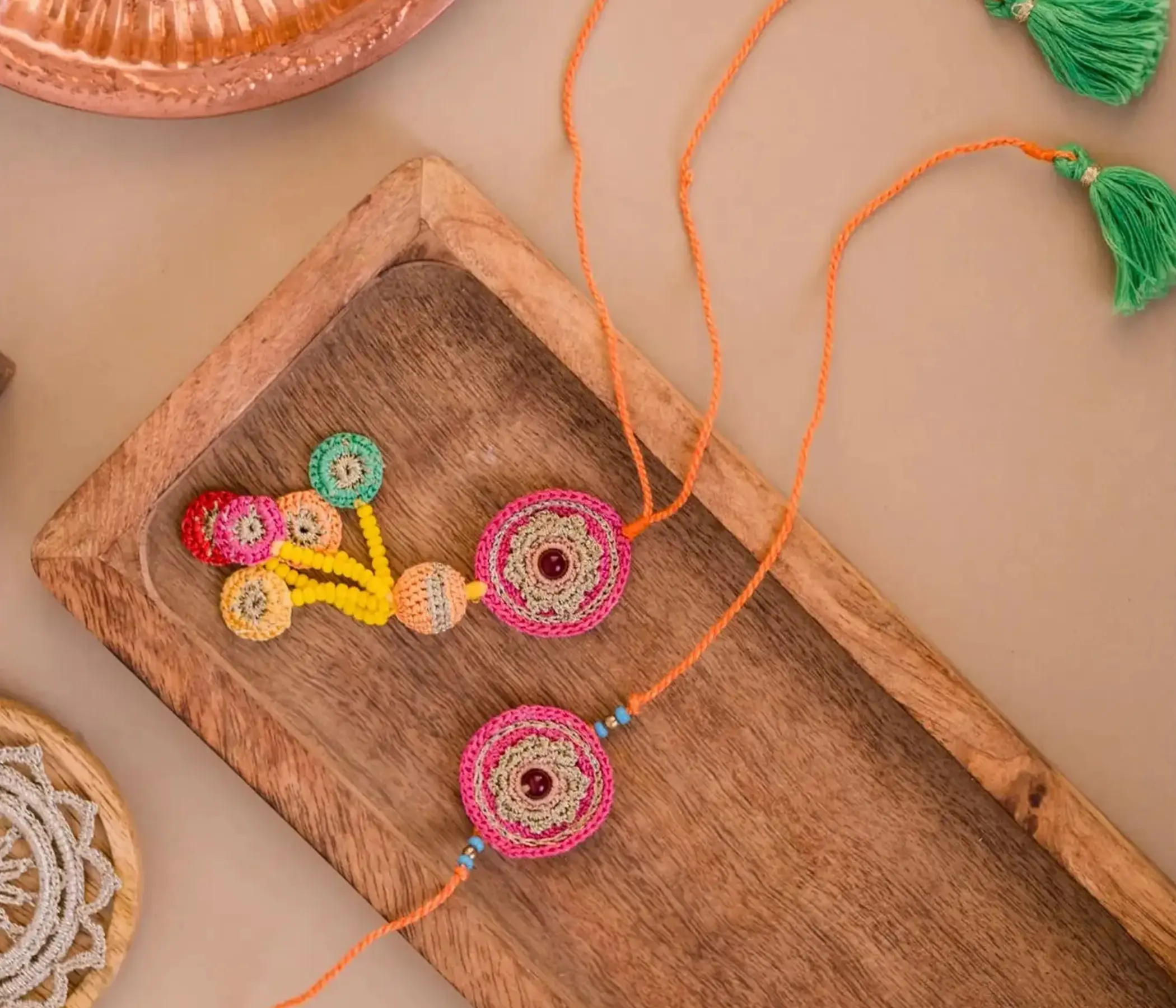 Handmade Crochet Circular Mandala Bhai Bhabhi Rakhi Set for Raksha Bandhan